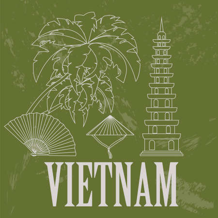 Vietnam landmarks. Retro styled image. Vector illustrationのイラスト素材