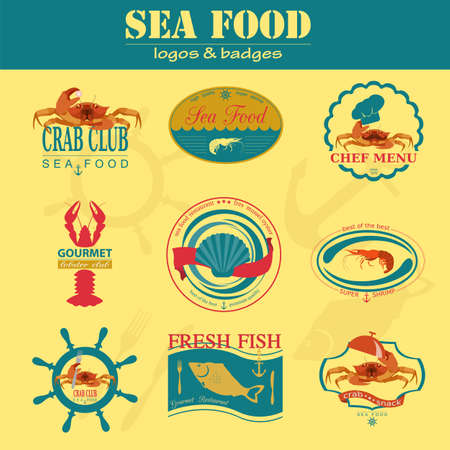 Set of vintage sea food logos. Vector logo templates and badgesのイラスト素材