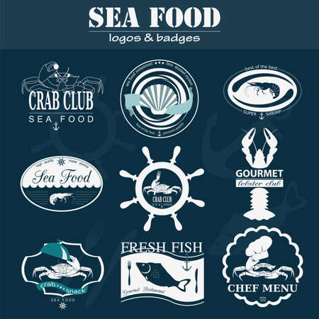 Set of vintage sea food . Vector  templates and badgesのイラスト素材