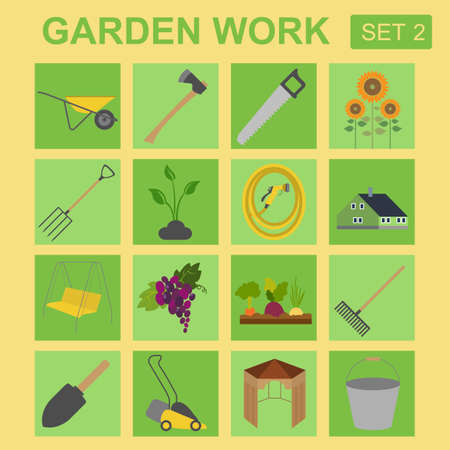 Garden work icon set. Working tools. Vector illustrationのイラスト素材