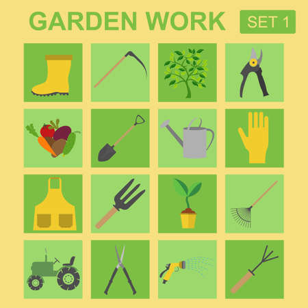 Garden work icon set. Working tools. Vector illustrationのイラスト素材