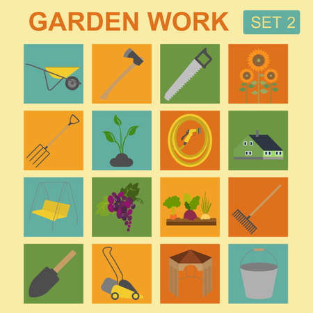 Garden work icon set. Working tools. Vector illustrationのイラスト素材