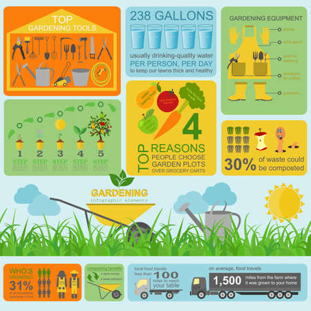 Garden work infographic elements. Working tools set. Vector illustrationのイラスト素材