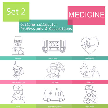 Professions and occupations outline icon set. Medical. Flat linear design. Vector illustrationのイラスト素材