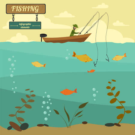Fishing on the boat. Fishing design elements. Vector illustrationのイラスト素材