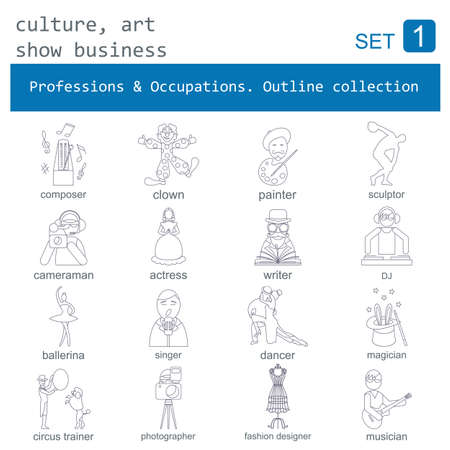 Professions and occupations outline icon set. Culture, art, show business. Flat linear design. Vector illustrationのイラスト素材