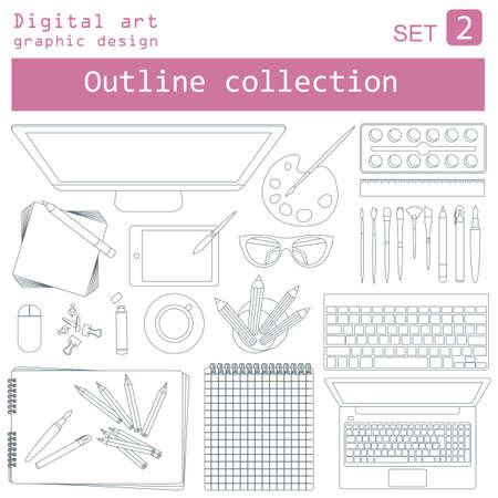 Digital art and graphic design. Working place in outline linear flat design. Constructor of your own work space. Vector illustrationのイラスト素材