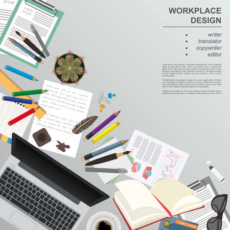 Workspace of the writer, translator, copywriter, editor. Mock up for creating your own modern creative office desktop workshop style. Flat design vector mock up. Vector illustrationのイラスト素材