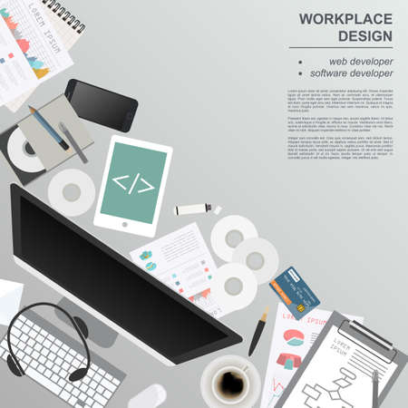 Workspace of the web developer, software developer. Mock up for creating your own modern creative office desktop workshop style. Flat design vector mock up. Vector illustrationの写真素材