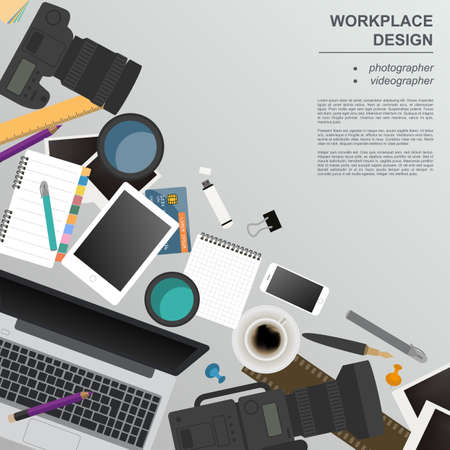 Workspace of the photographer, videographer. Mock up for creating your own modern creative office desktop workshop style. Flat design vector mock up. Vector illustrationのイラスト素材