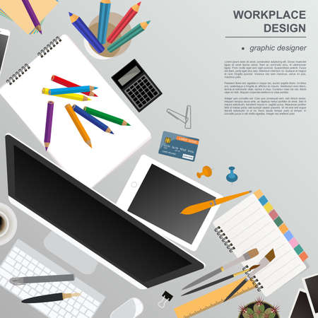 Workspace of the graphic designer. Mock up for creating your own modern creative office desktop workshop style. Flat design vector mock up. Vector illustrationのイラスト素材