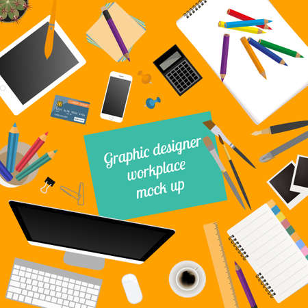 Workspace of the graphic designer. Mock up for creating your own modern creative office desktop workshop style. Flat design vector mock up. Vector illustrationのイラスト素材