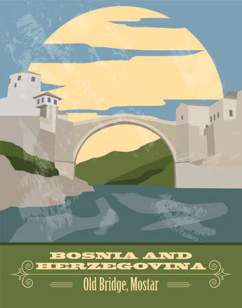 Bosnia and Herzegovina landmarks. Retro styled image. Vector illustrationのイラスト素材