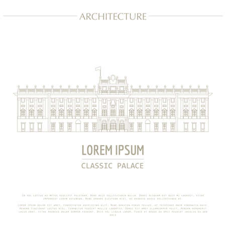 Cityscape graphic template. Modern city architecture. Vector illustration of classic royal palace. City constructor. Template with place for text. Outline versionのイラスト素材