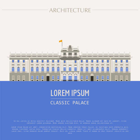 Cityscape graphic template. Modern city architecture. Vector illustration of classic royal palace. City constructor. Template with place for text. Colour versionのイラスト素材