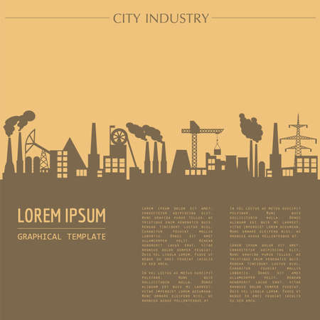 Cityscape graphic template. Industry city buildings. Vector illustration with different industrial buildings. City constructor. Template with place for text. Colour versionのイラスト素材