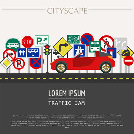 Cityscape graphic template. Modern city. Vector illustration. Traffic jam, transport, cars, road signs. City constructor. Template with place for text. Colour versionのイラスト素材