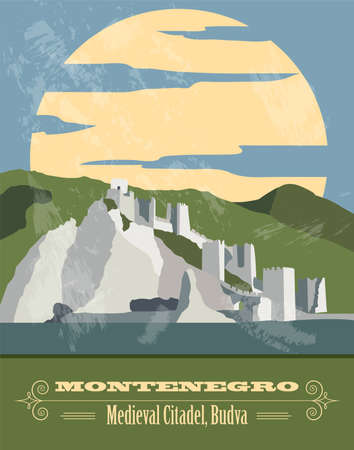 Montenegro landmarks. Retro styled image. Vector illustrationのイラスト素材