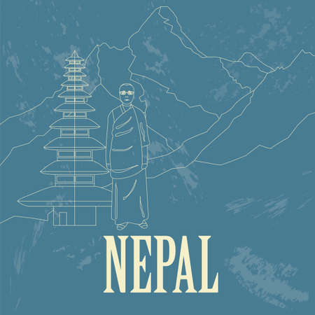 Nepal landmarks. Retro styled image. Vector illustrationのイラスト素材