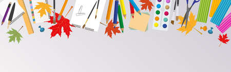 Education graphic template. Schoolboy workplace mock up for creating your own design, infographics, banners. Vector illustration with place for text.のイラスト素材