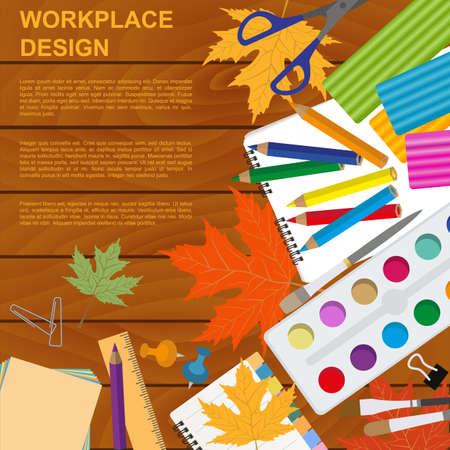 Education graphic template. Schoolboy workplace mock up for creating your own design, infographics, banners. Vector illustration with place for text.のイラスト素材