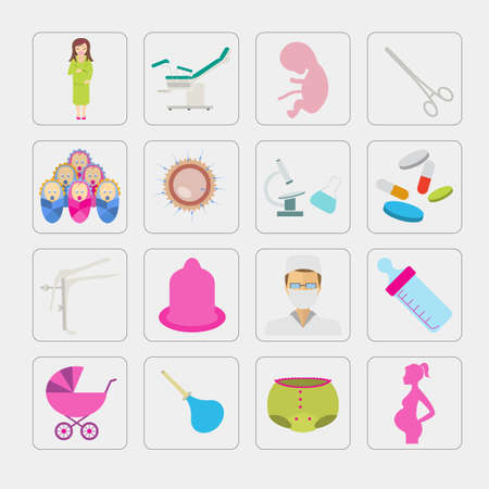 Gynecology and pregnancy icon set. Motherhood elements. Constructor for creating your own design, infographics. Vector illustrationのイラスト素材