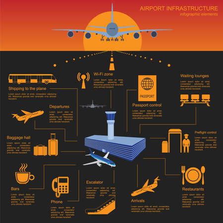 Airport, air travel infographic with design elements. Infographic template with statistical data. Vector illustrationのイラスト素材