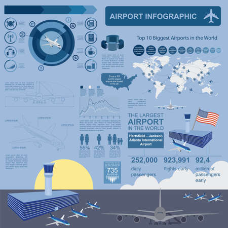 Airport, air travel infographic with design elements. Infographic template with statistical data. Vector illustrationのイラスト素材