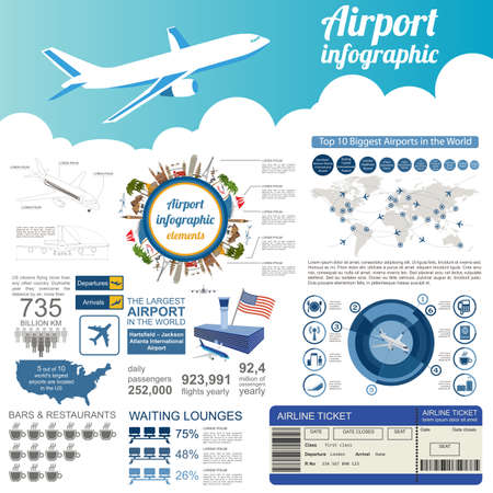 Airport, air travel infographic with design elements. Infographic template with statistical data. Vector illustrationのイラスト素材
