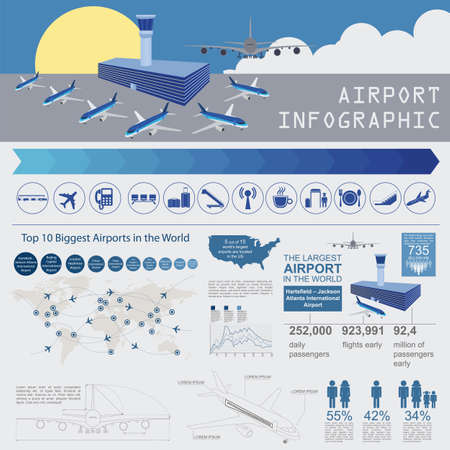 Airport, air travel infographic with design elements. Infographic template with statistical data. Vector illustrationのイラスト素材