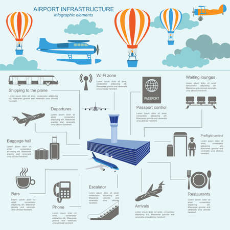 Airport, air travel infographic with design elements. Infographic template with statistical data. Vector illustrationのイラスト素材