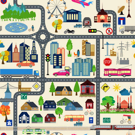 City map generator. City map example. Elements for creating your perfect city. Colour version. Seamless pattern. Vector illustrationのイラスト素材