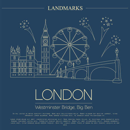 World landmarks. London. United Kingdom.Westminster Abbey, the Bridge, Big Ben. Graphic template. Logos and badges. Linear design. Vector illustrationのイラスト素材