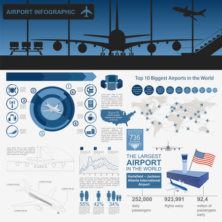 Airport, air travel infographic with design elements. Infographic template with statistical data. Vector illustrationのイラスト素材