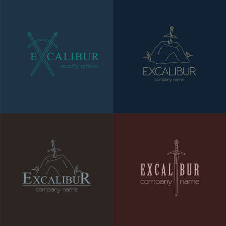 Excalibur outline Insignias and Logotypes set. Vector design elements, business signs, logos, identity, labels, badges and objects. Sword of King Arthurのイラスト素材