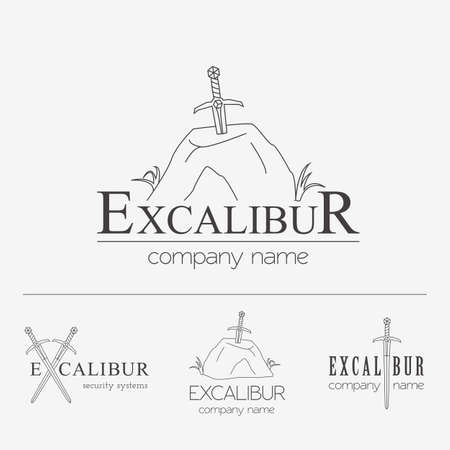 Excalibur outline Insignias and Logotypes set. Vector design elements, business signs, logos, identity, labels, badges and objects. Sword of King Arthurのイラスト素材