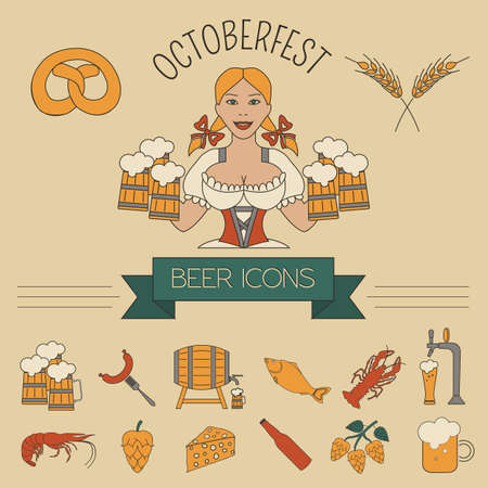 Beer icon set. Logos and badges template. Linear style. Octoberfest. Vector illustrationのイラスト素材