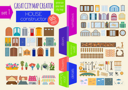 Great city map creator. House constructor. House, cafe, restaurant, shop, infrastructure, industrial, transport, village and countryside. Make your perfect city. Vector illustrationのイラスト素材