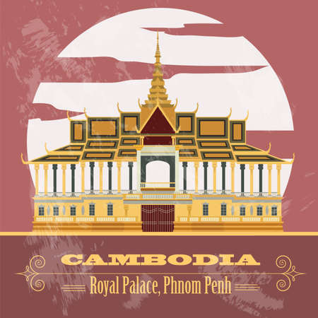Cambodia landmarks. Royal Palace, Phnom Penh. Retro styled image. Vector illustrationのイラスト素材