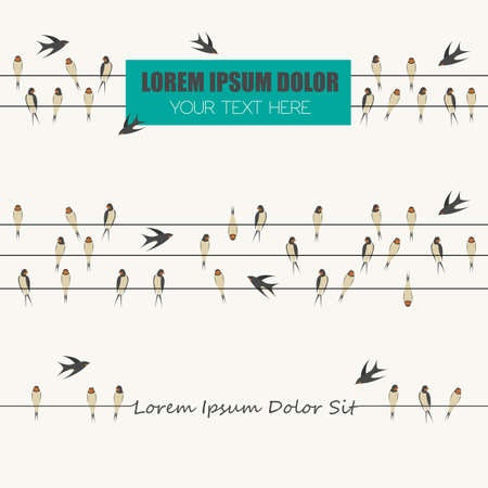 Swallows on wires graphic template set.  With place for text. Vector illustrationのイラスト素材