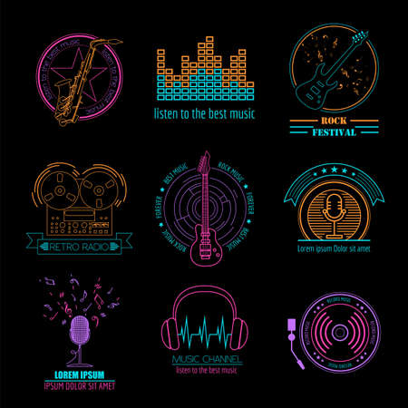 Musical instruments logos and badges. Graphic template. Vector illustrationのイラスト素材