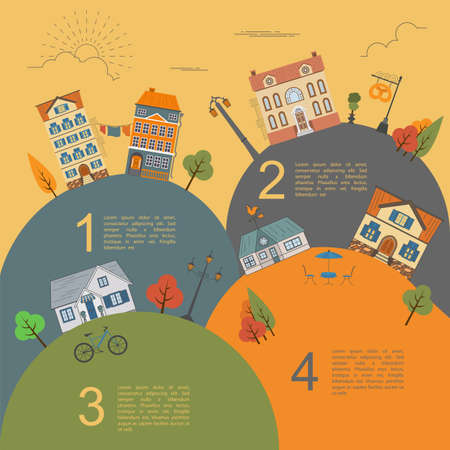 Cityscape conceptual graphic template. Urban, countryside, industrial buildings and outdoor scene. Graphic template. Infographic elements. Vector illustrationのイラスト素材