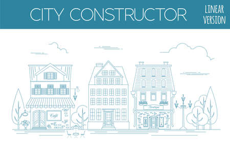 Great city map creator. Outline version. House constructor. House, cafe, restaurant, shop, infrastructure, industrial, transport, village and countryside. Make your perfect city. Vector illustrationのイラスト素材