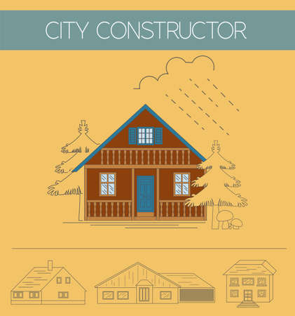 Building exteriors graphic template. Outline and color version set. Vector illustrationのイラスト素材
