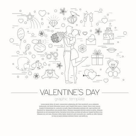 Valentine's day design template. Graphic elements with hearts, arrows, champagne, gifts, flowers, bird, diamonds. Vector illustrationのイラスト素材