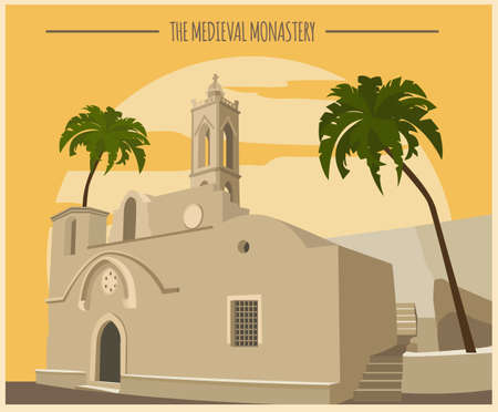 City buildings graphic template. Ayia Napa monastery.  Vector illustrationのイラスト素材