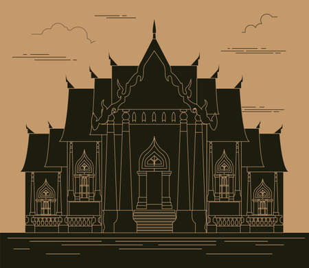 City buildings graphic template. Thailand. Marble Temple. Vector illustrationのイラスト素材