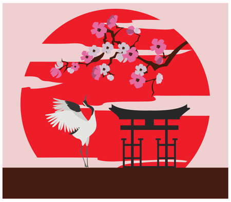 City buildings graphic template. Japanese garden. Vector illustrationのイラスト素材