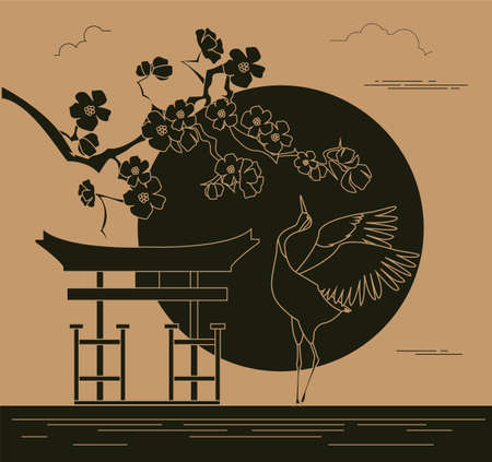 City buildings graphic template. Japanese garden. Vector illustrationのイラスト素材