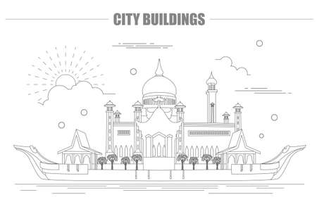 City buildings graphic template. Sultan Omar mosque. Brunei. Vector illustrationのイラスト素材